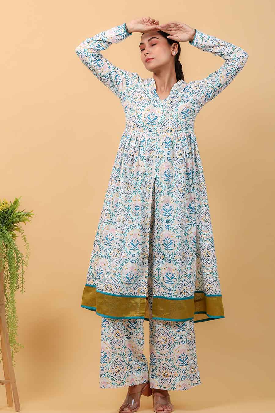 Printed High Slit Anarkali & Palazzo Set