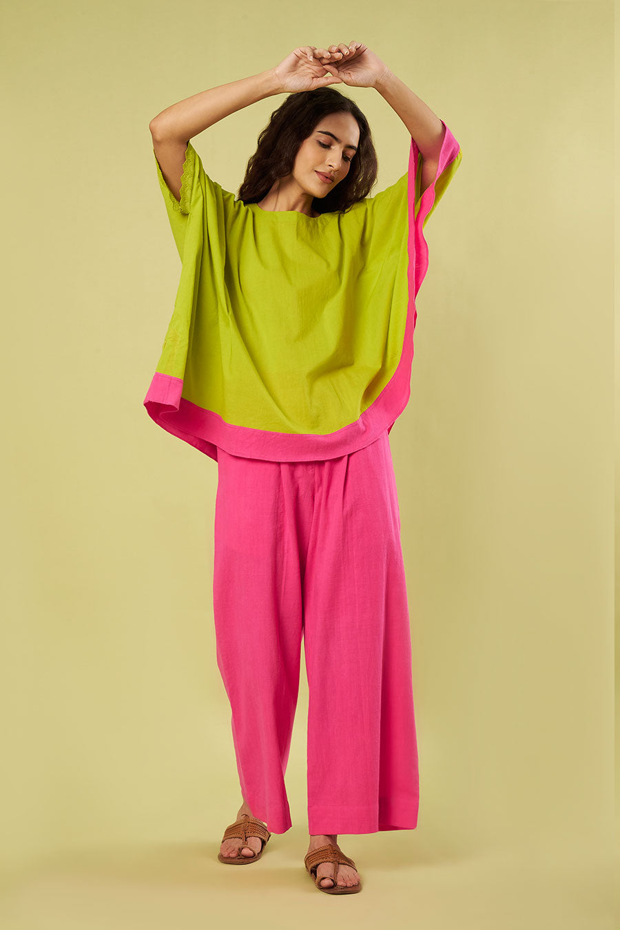 Green Kaftan Tunic & Pink Pants Co-Ord Set