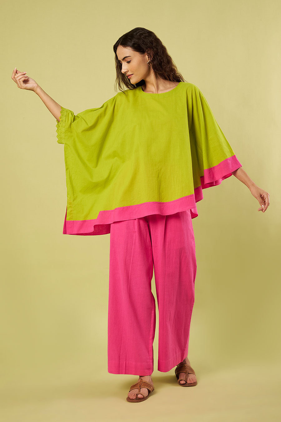 Green Kaftan Tunic & Pink Pants Co-Ord Set