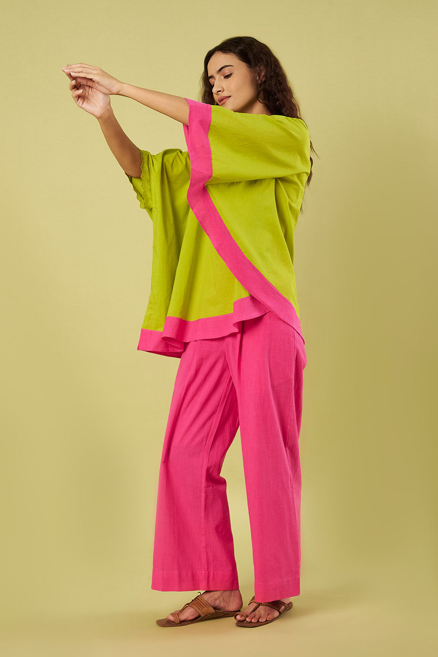 Green Kaftan Tunic & Pink Pants Co-Ord Set