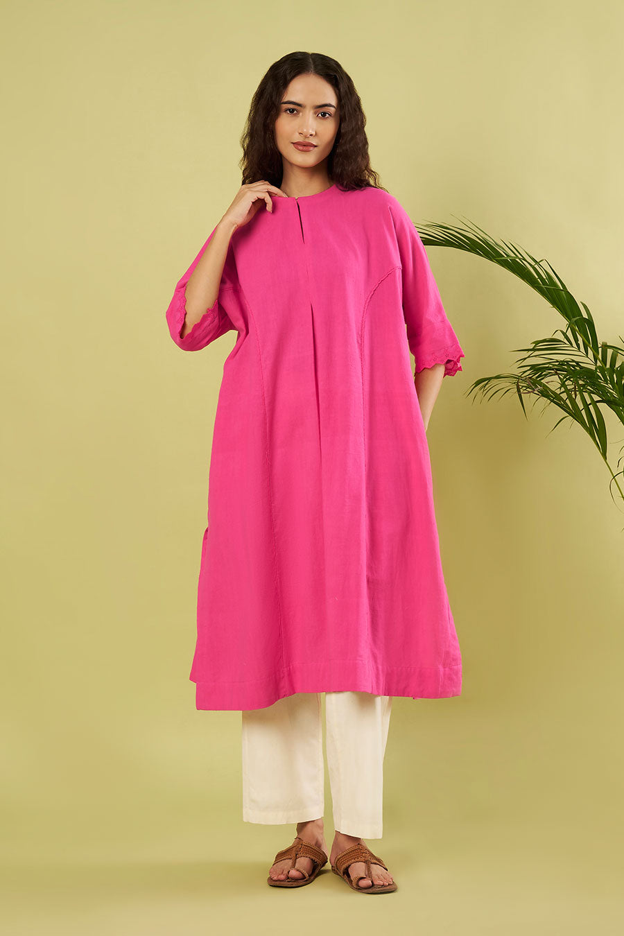 Pink Khadi Cotton Kurta & Ivory Pants Co-Ord Set
