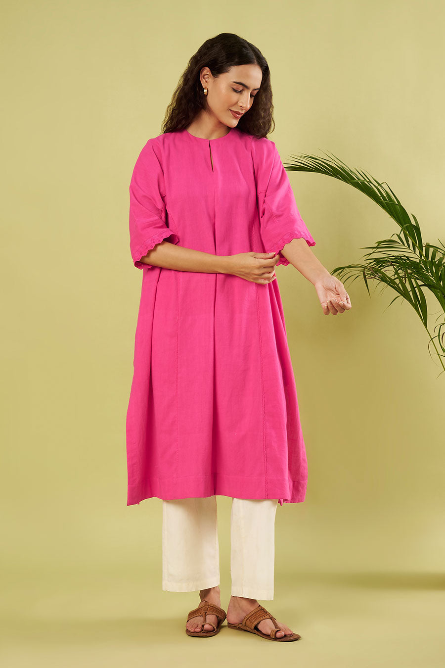 Pink Khadi Cotton Kurta & Ivory Pants Co-Ord Set