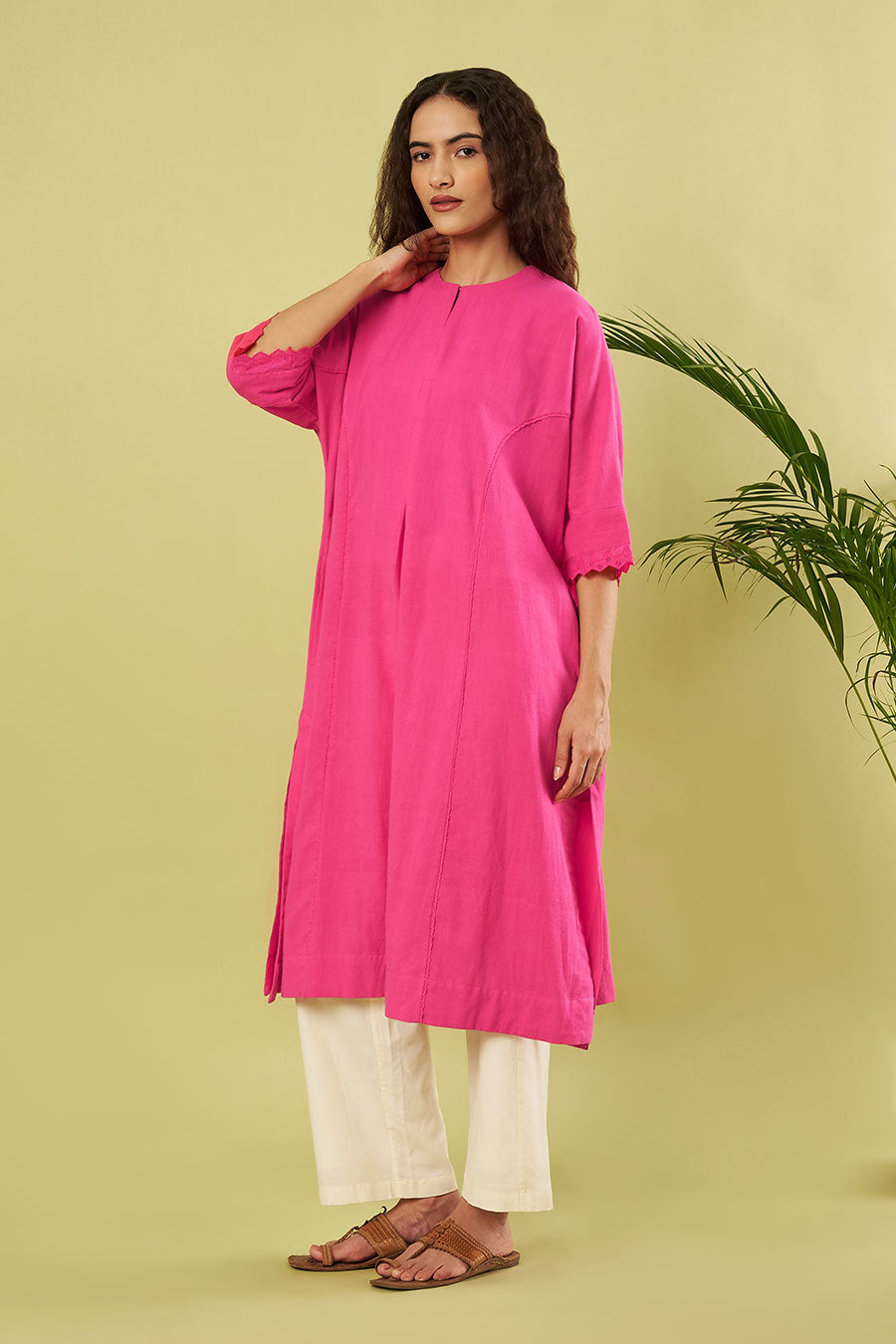 Pink Khadi Cotton Kurta & Ivory Pants Co-Ord Set