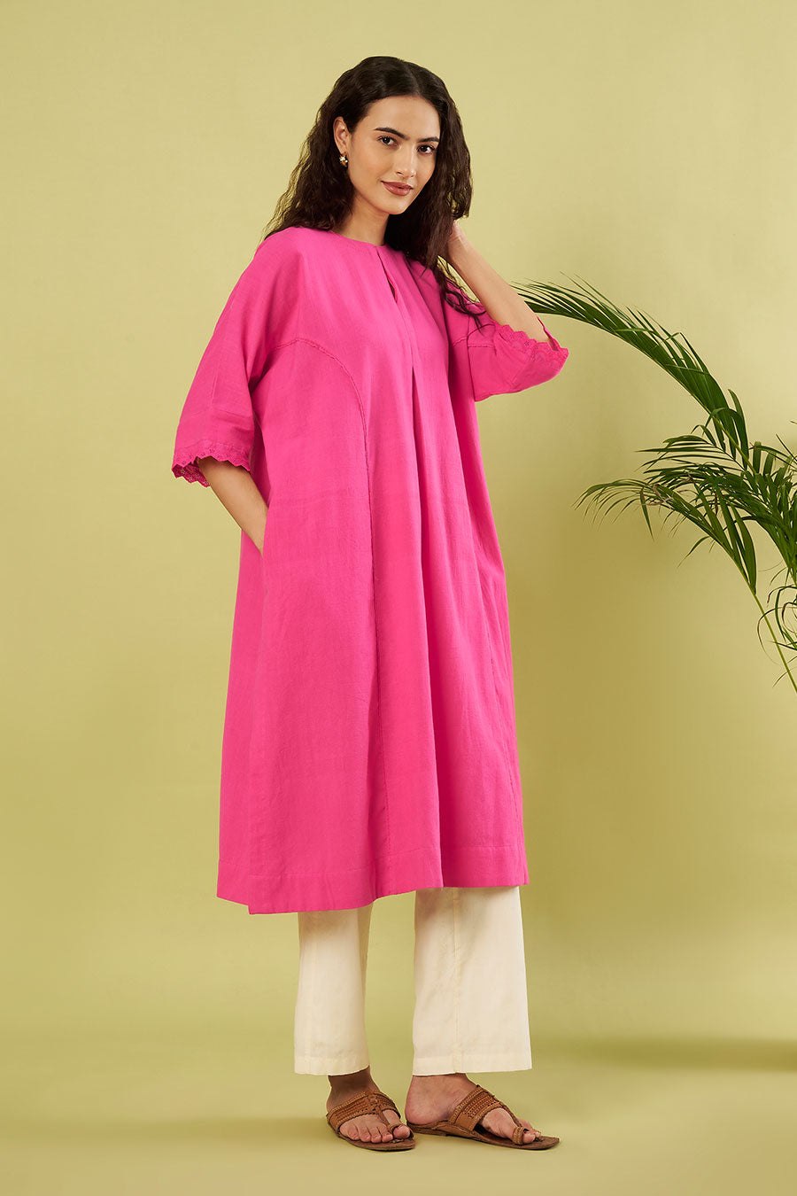 Pink Khadi Cotton Kurta & Ivory Pants Co-Ord Set