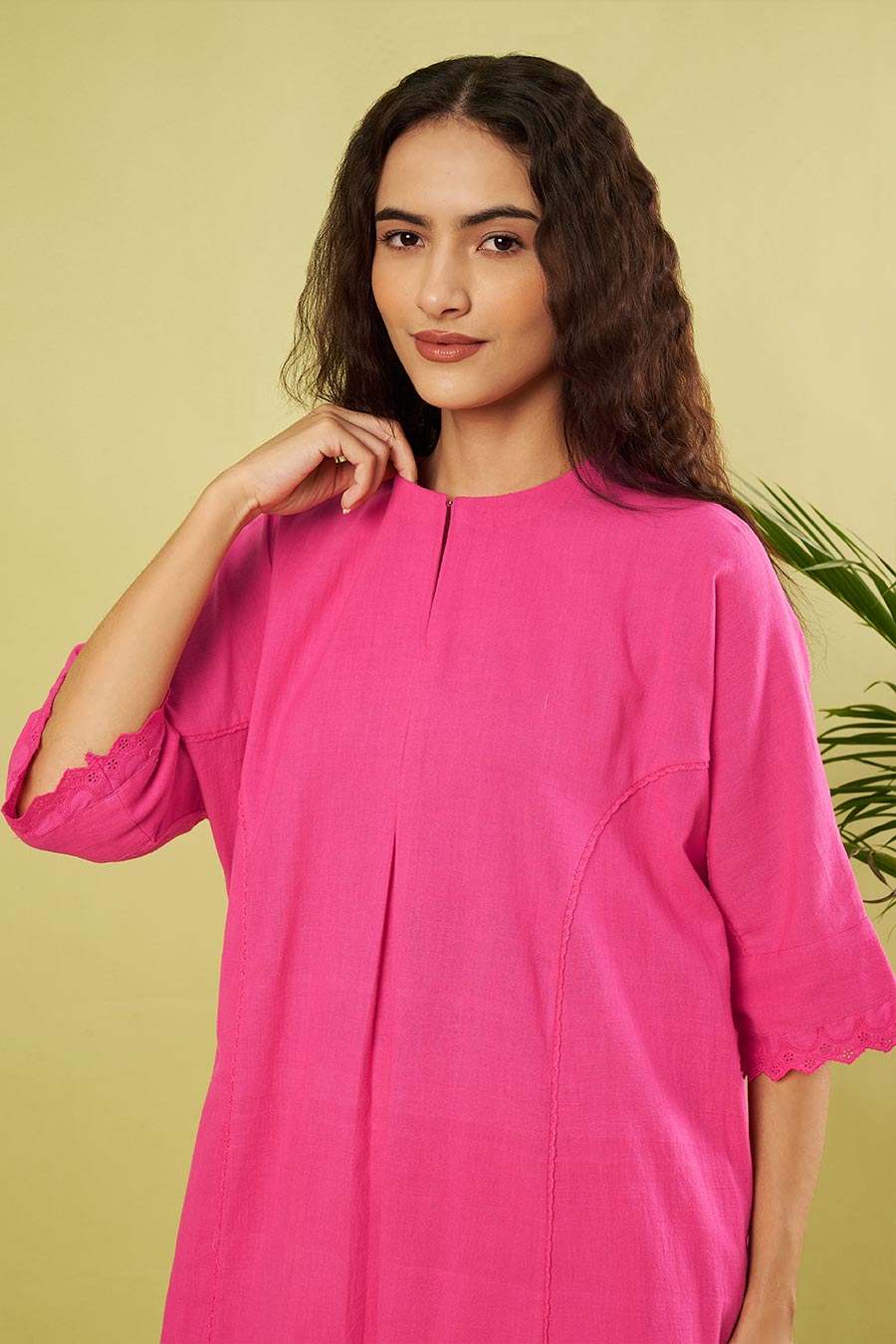 Pink Khadi Cotton Kurta & Ivory Pants Co-Ord Set
