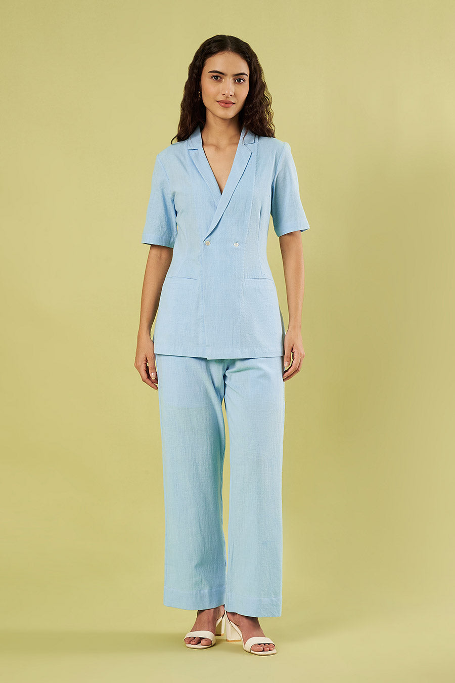 Blue Khadi Cotton Jacket Top & Pants Co-Ord Set