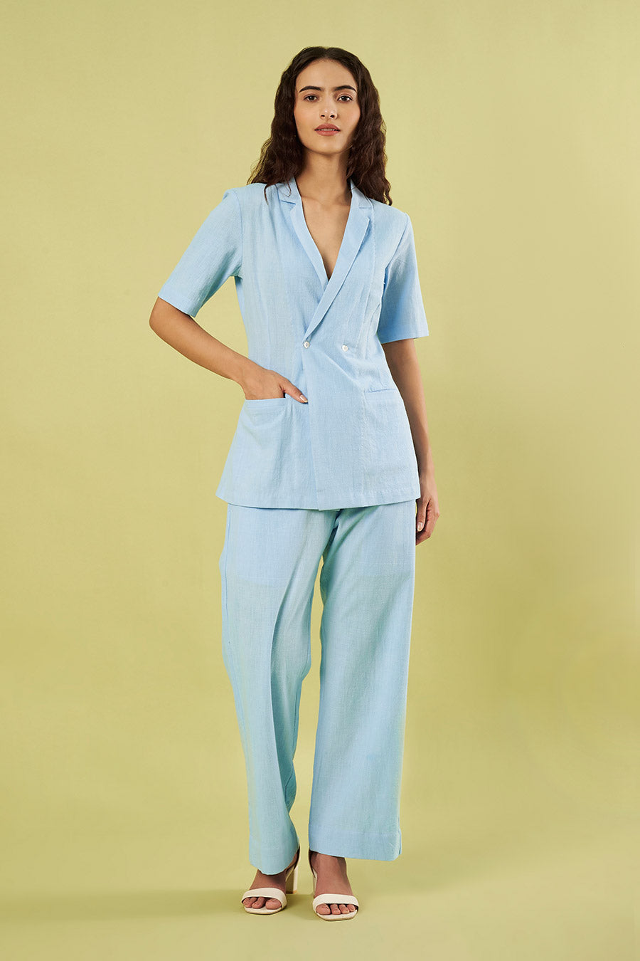 Blue Khadi Cotton Jacket Top & Pants Co-Ord Set