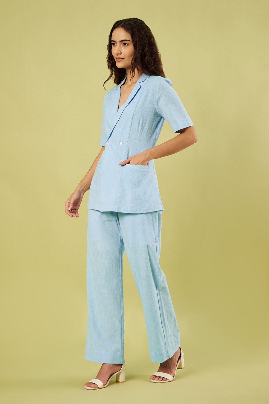 Blue Khadi Cotton Jacket Top & Pants Co-Ord Set