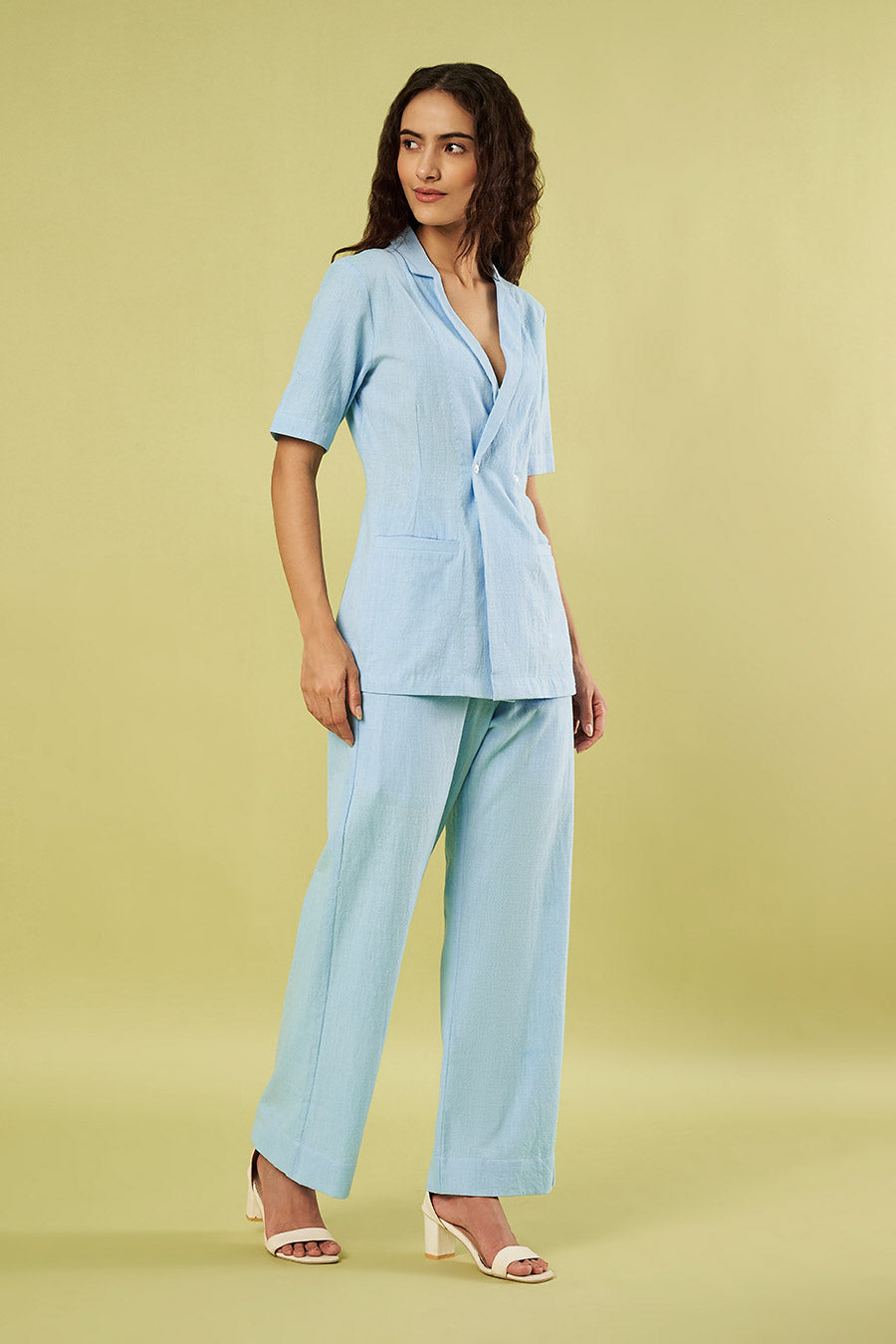Blue Khadi Cotton Jacket Top & Pants Co-Ord Set