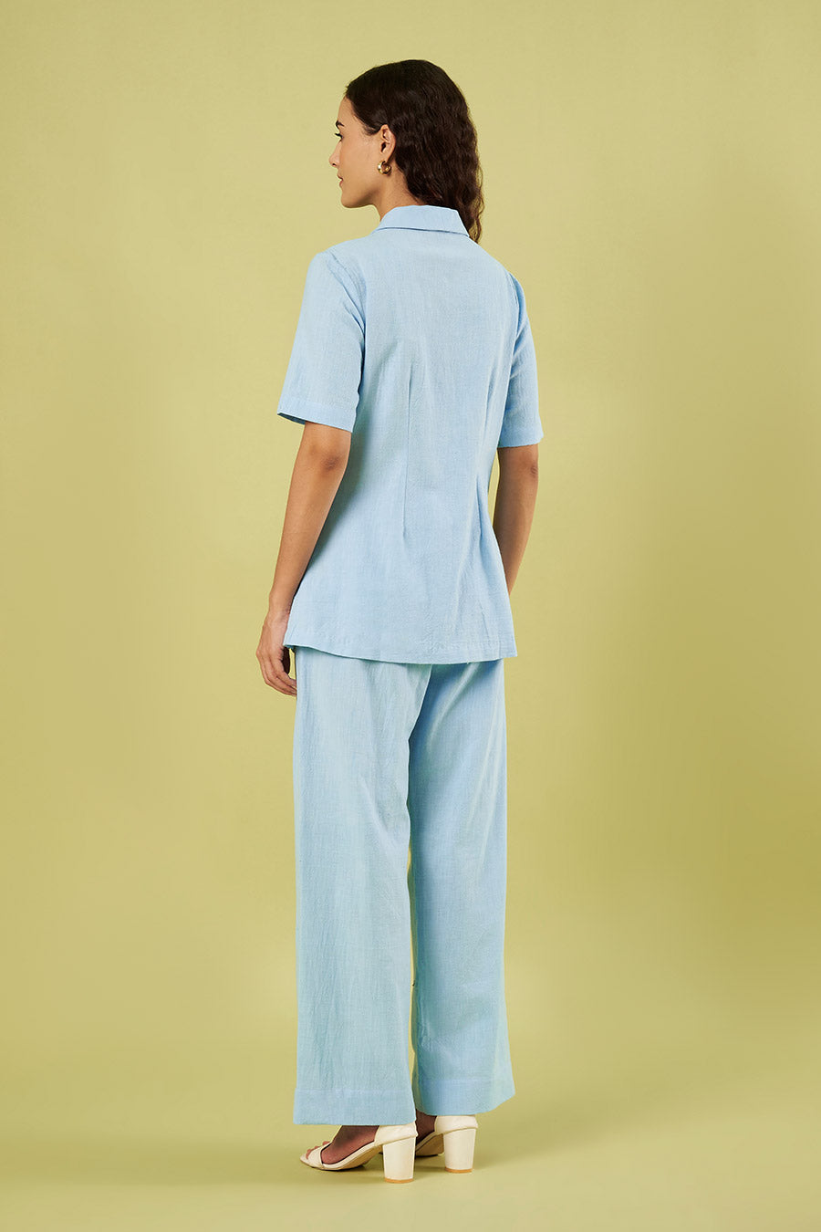 Blue Khadi Cotton Jacket Top & Pants Co-Ord Set