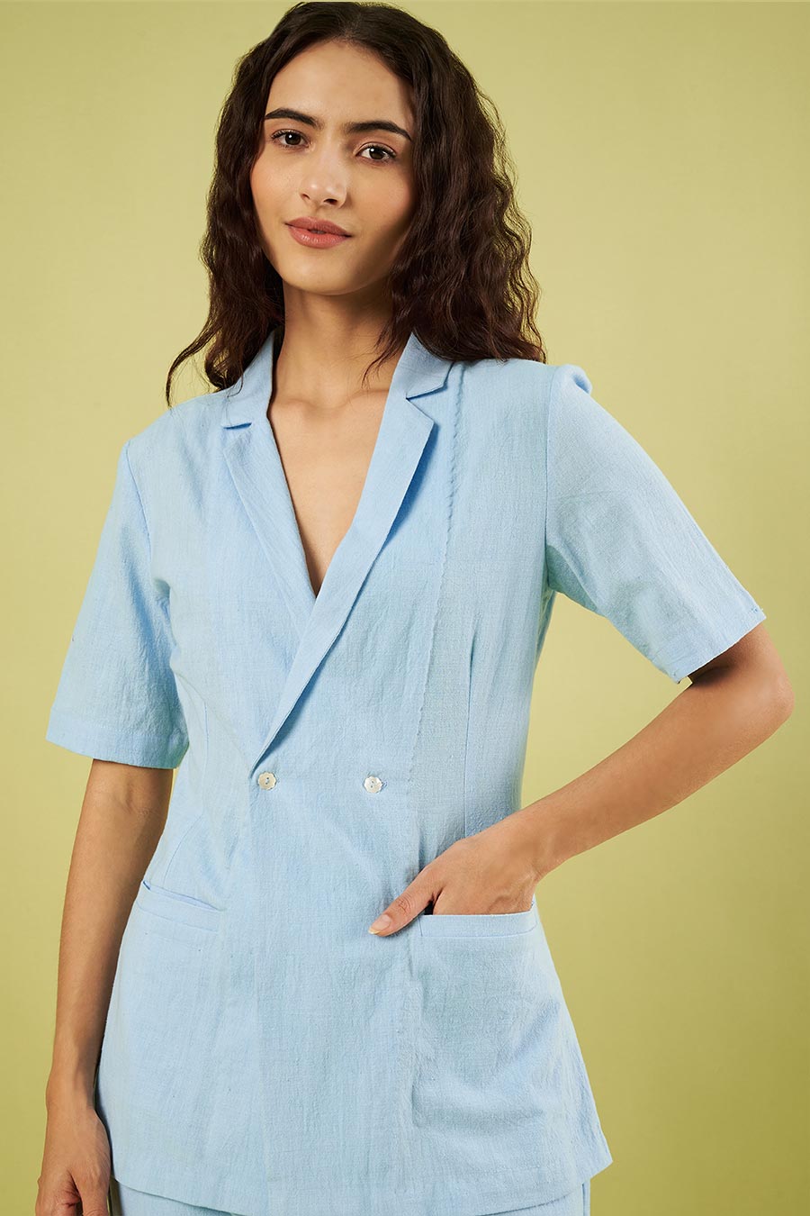 Blue Khadi Cotton Jacket Top & Pants Co-Ord Set