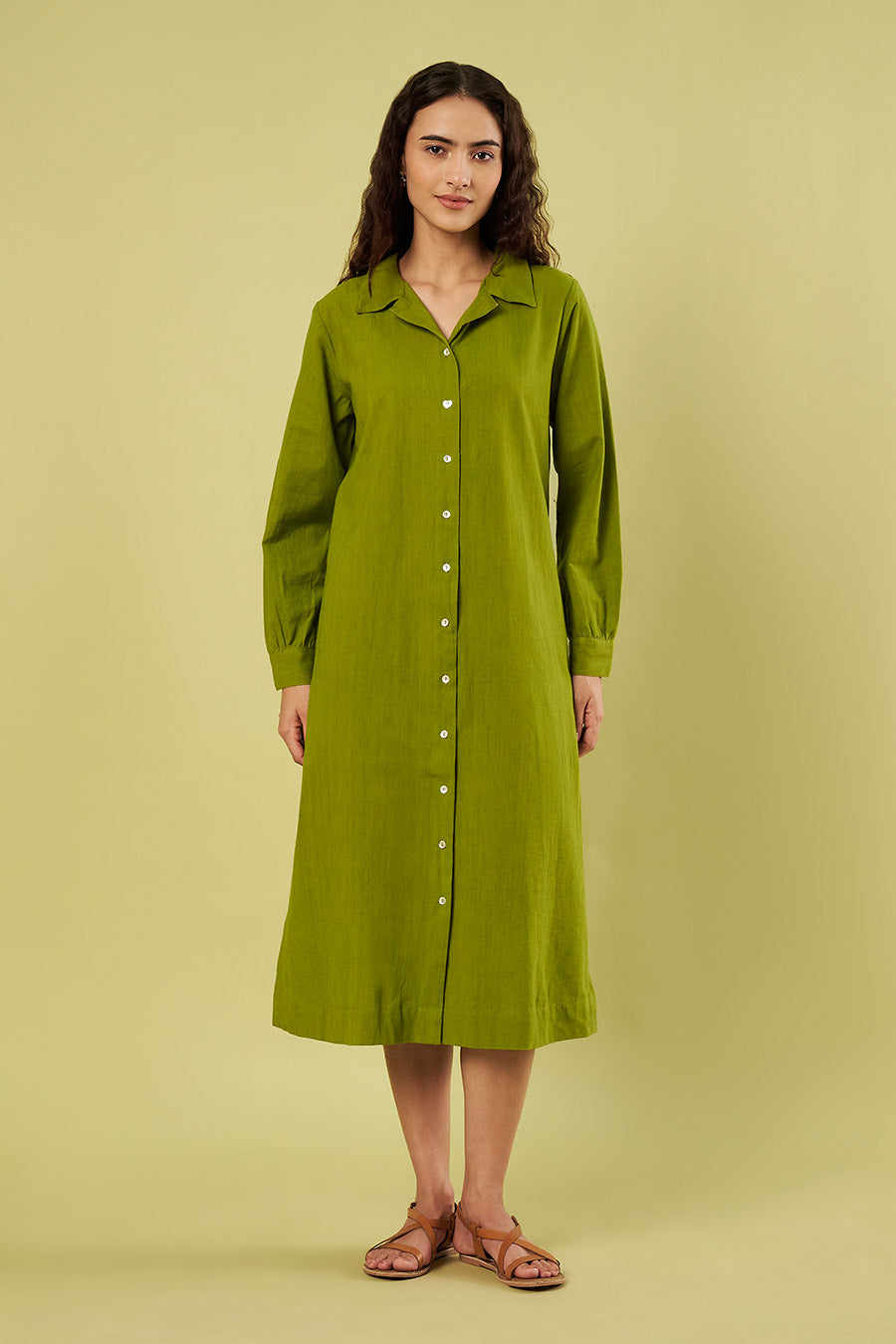 Olive Green Khadi Cotton Shirt Dress
