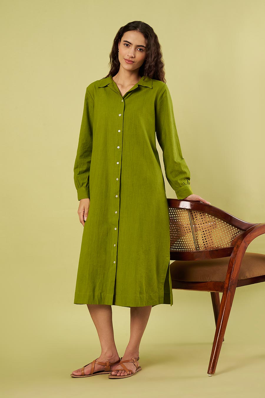 Olive Green Khadi Cotton Shirt Dress