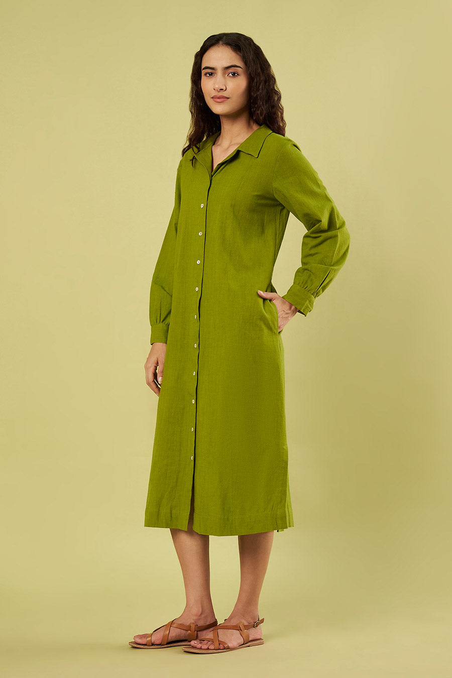 Olive Green Khadi Cotton Shirt Dress