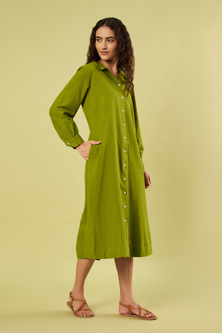 Olive Green Khadi Cotton Shirt Dress