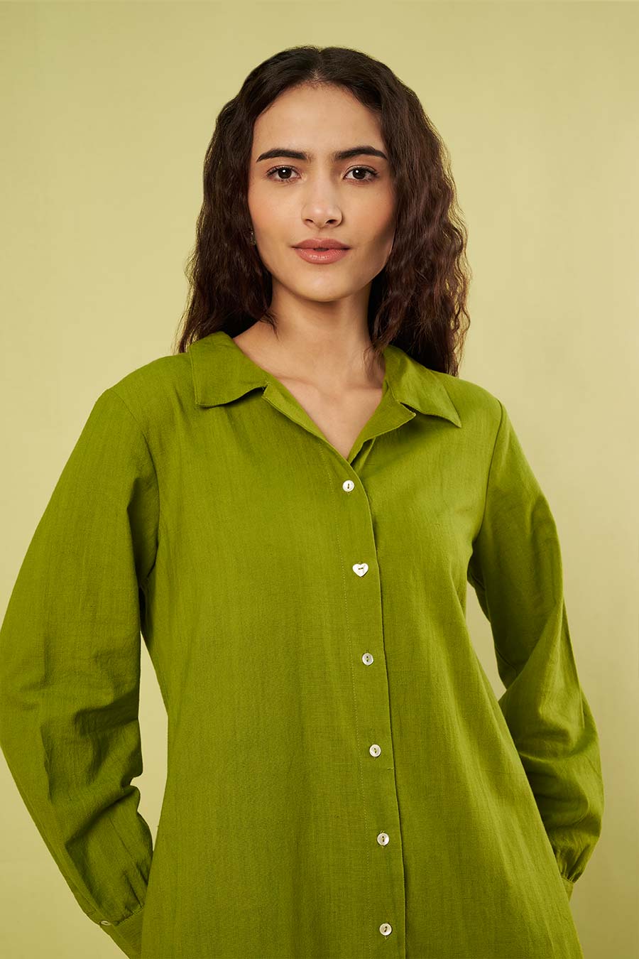 Olive Green Khadi Cotton Shirt Dress