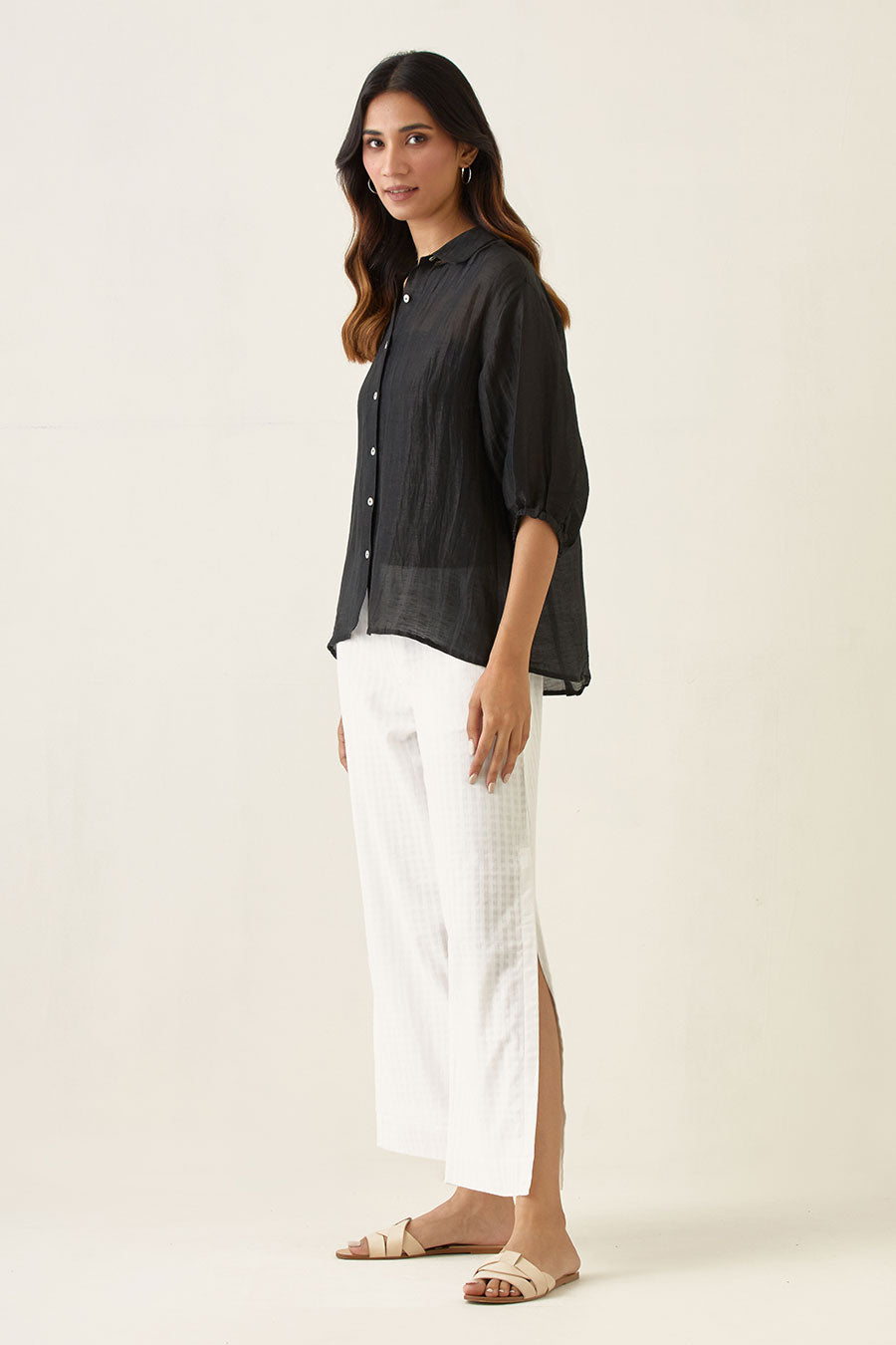 Black Linen Silk Shirt with High Slit Pant Co-ord Set