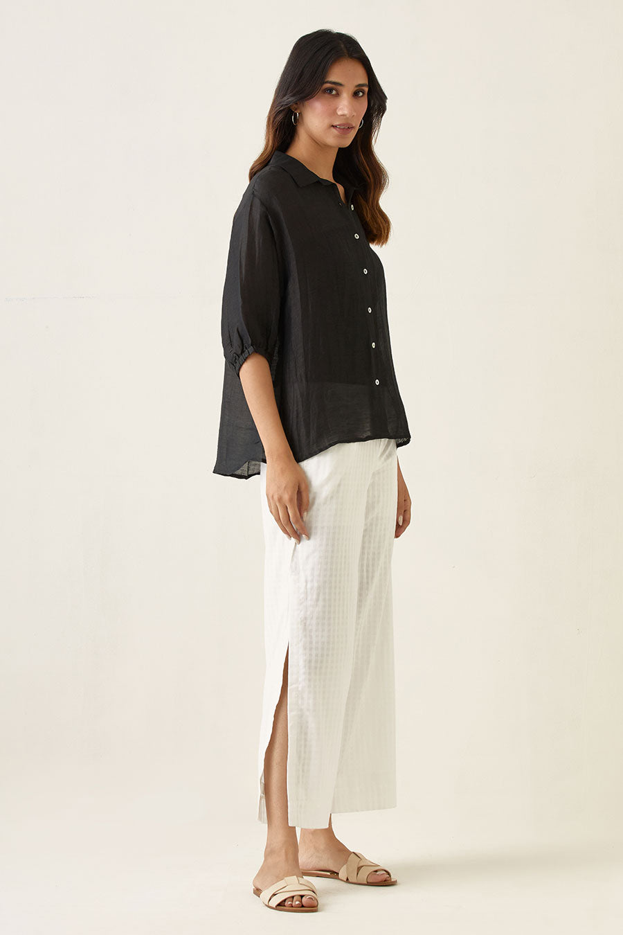 Black Linen Silk Shirt with High Slit Pant Co-ord Set