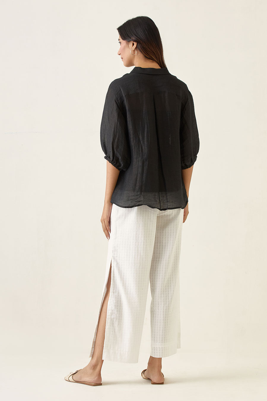 Black Linen Silk Shirt with High Slit Pant Co-ord Set