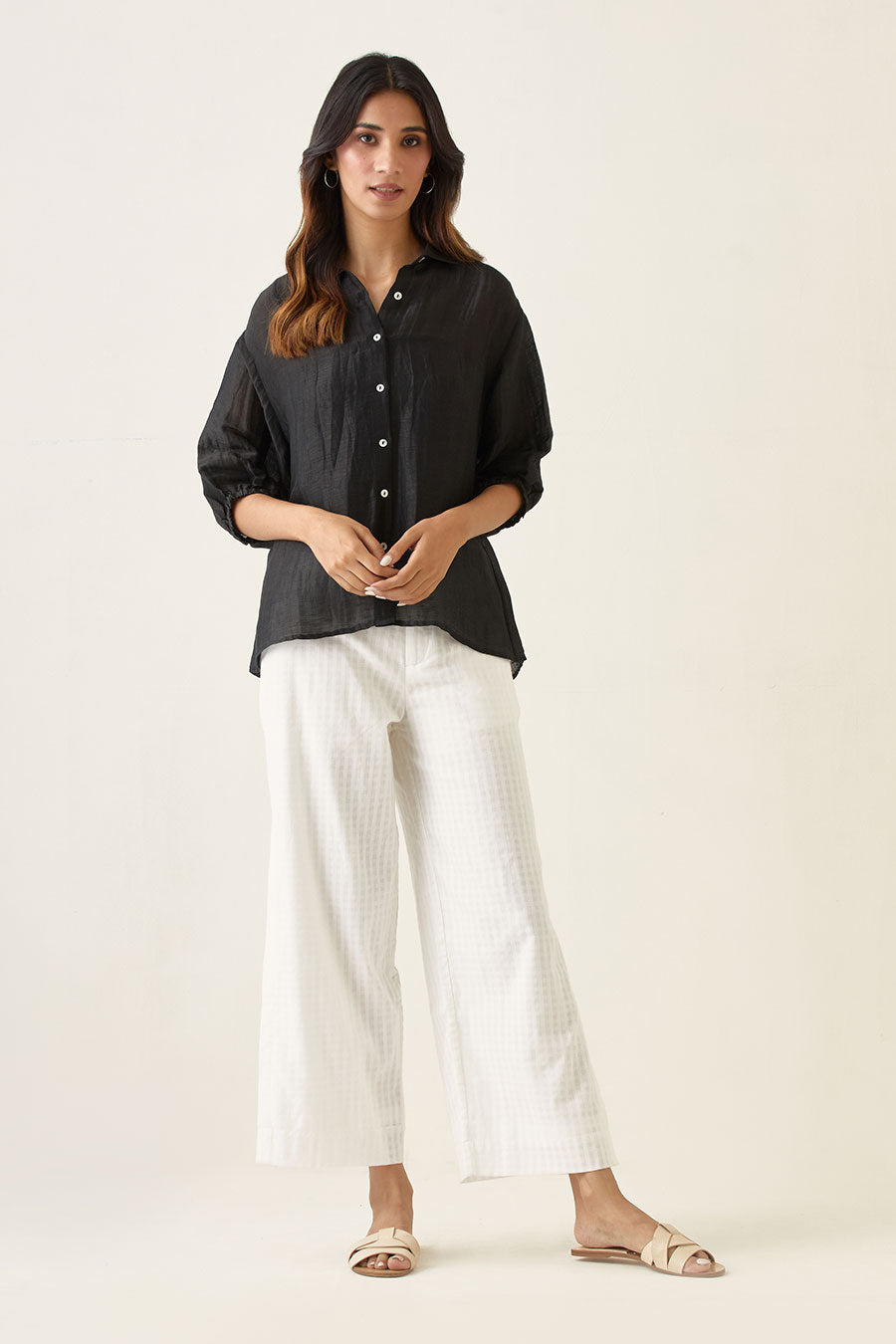 Black Linen Silk Shirt with High Slit Pant Co-ord Set