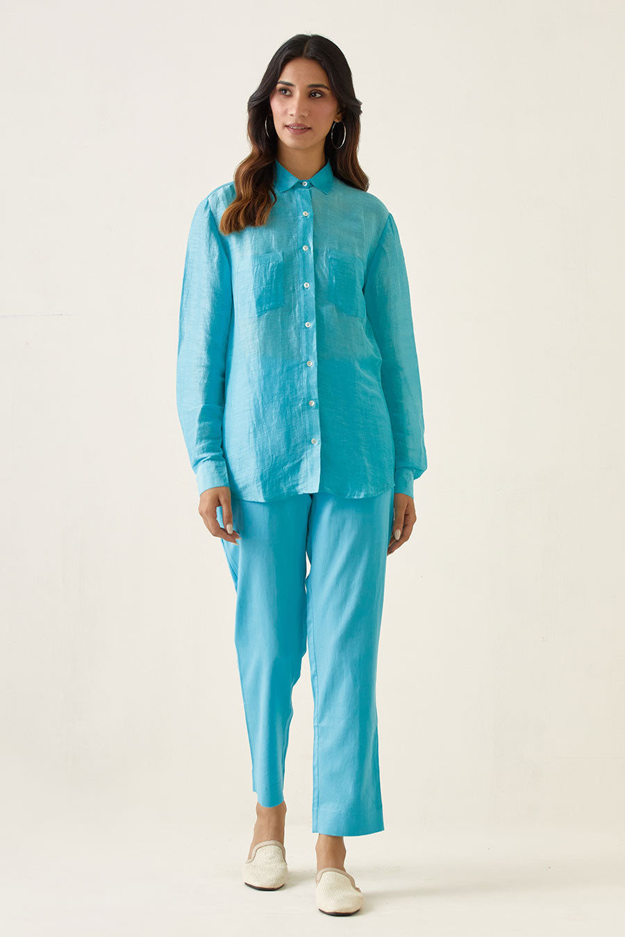 Pastel Blue Linen Shirt with Pant Co-ored Set