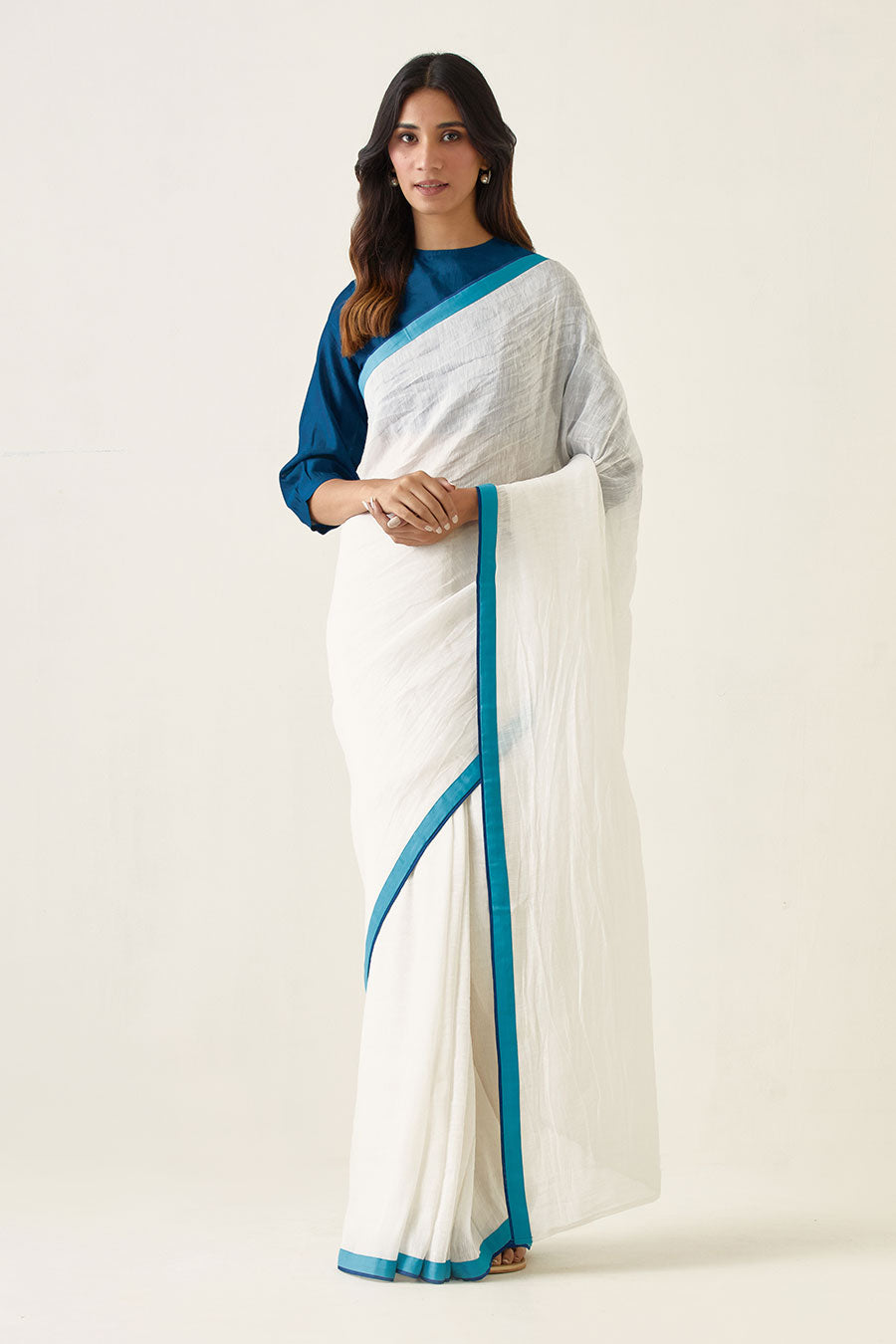 Handcrafted White Saree & Teal Blouse Set