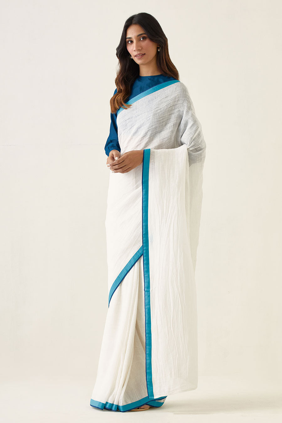 Handcrafted White Saree & Teal Blouse Set