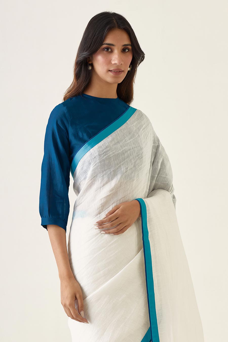 Handcrafted White Saree & Teal Blouse Set