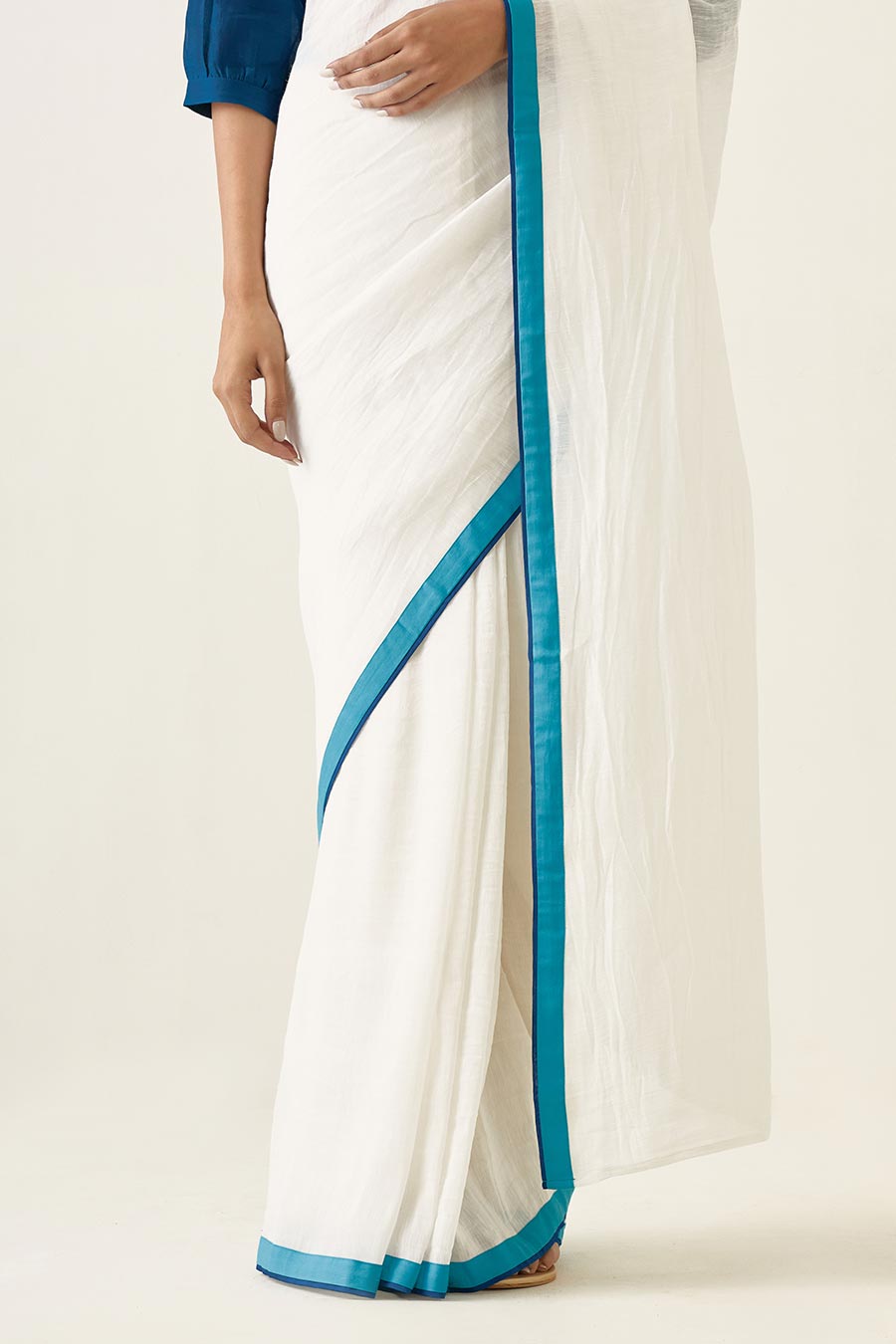 Handcrafted White Saree & Teal Blouse Set