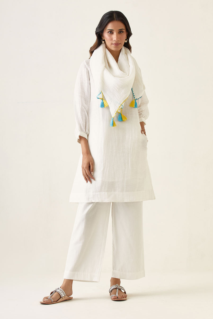 White Linen Silk Kurta Set with Stole