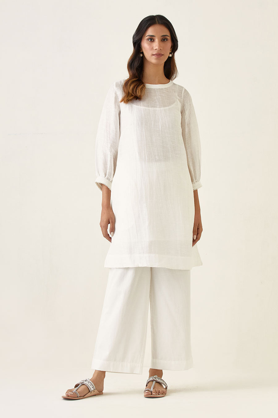 White Linen Silk Kurta Set with Stole