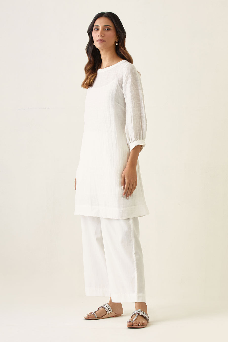 White Linen Silk Kurta Set with Stole