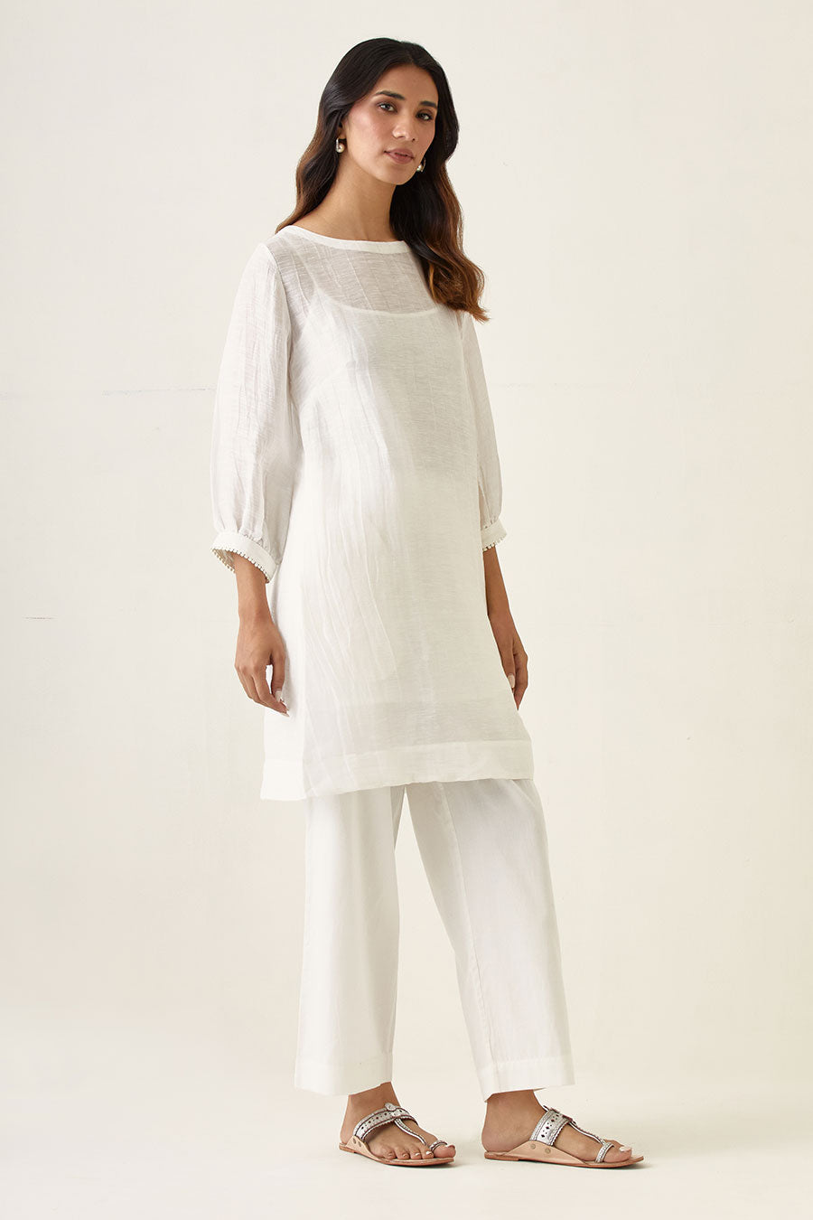 White Linen Silk Kurta Set with Stole