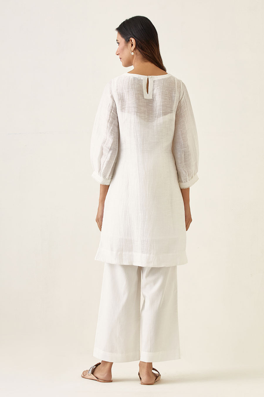 White Linen Silk Kurta Set with Stole