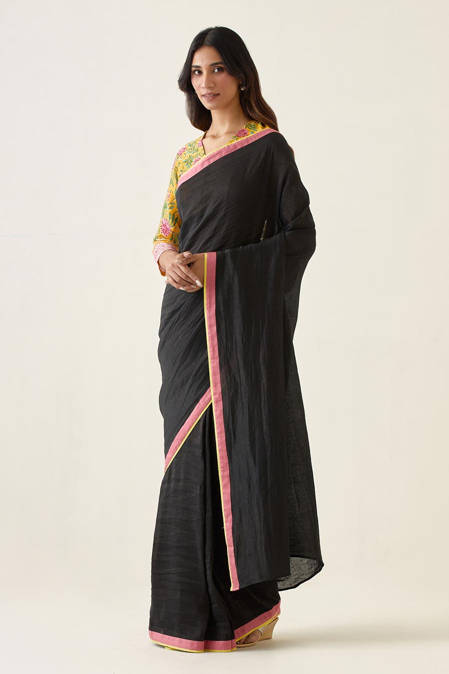 Handcrafted Saree in Black with Yellow & Pink Border