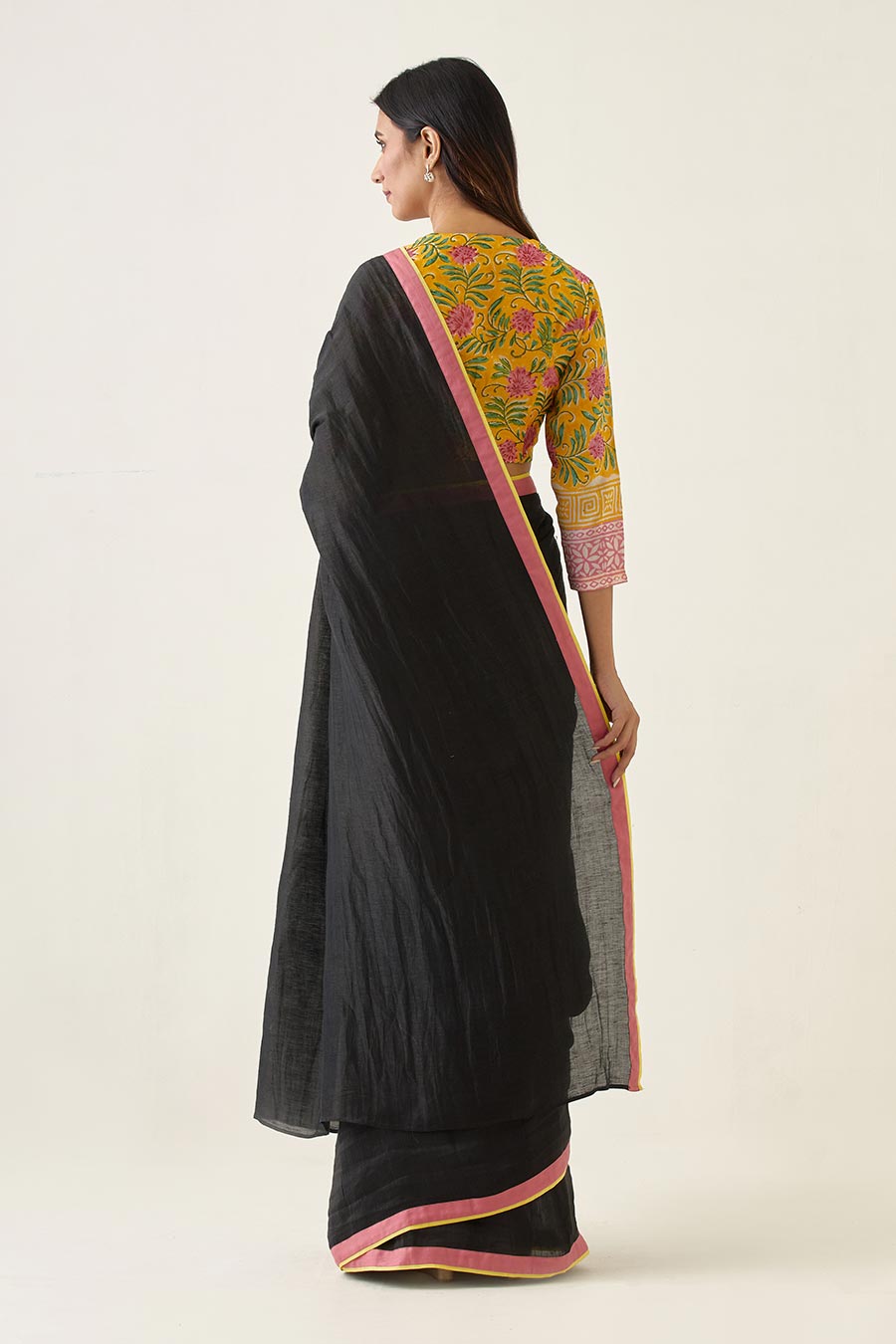 Handcrafted Saree in Black with Yellow & Pink Border