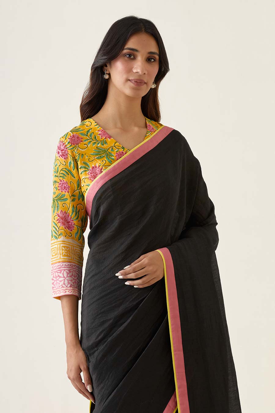 Handcrafted Saree in Black with Yellow & Pink Border