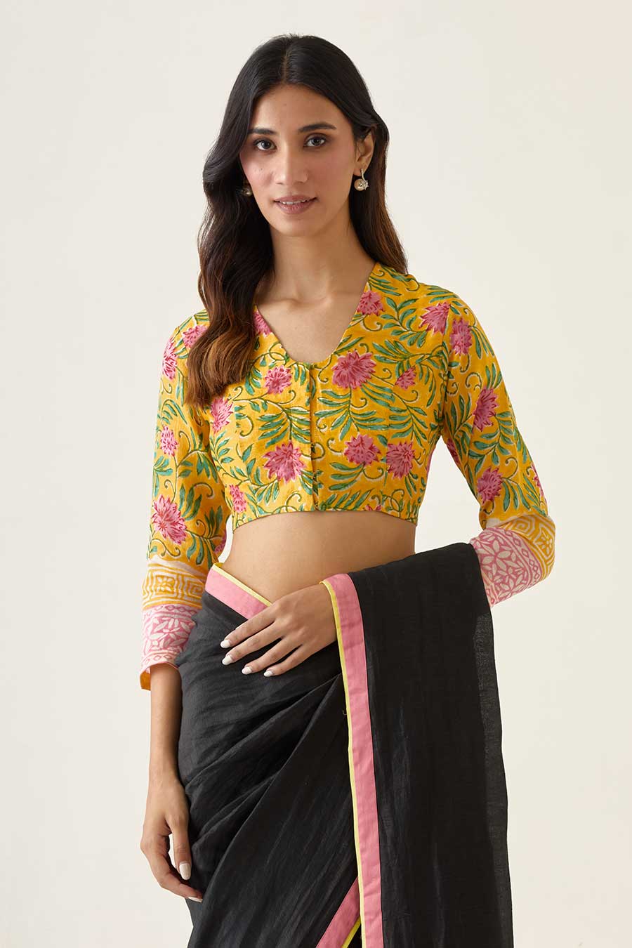 Handcrafted Saree in Black with Yellow & Pink Border