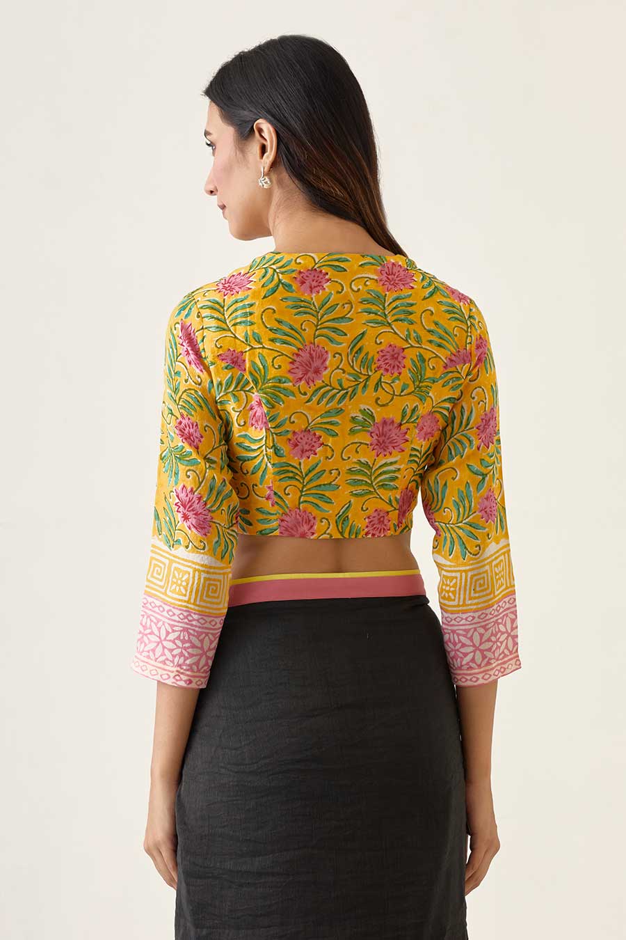 Handcrafted Saree in Black with Yellow & Pink Border
