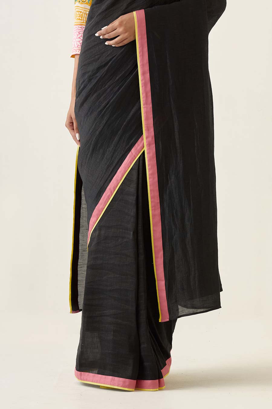Handcrafted Saree in Black with Yellow & Pink Border