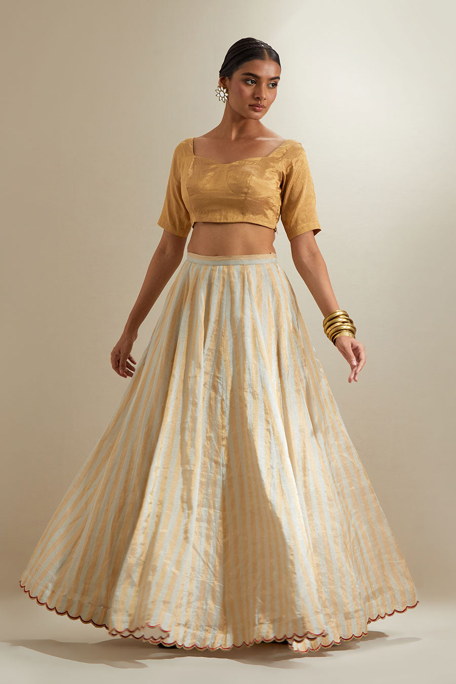 Silver & Gold Zari Stripe Lehenga Set With Red Dupatta