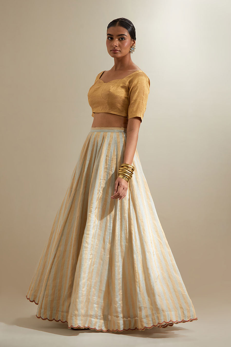 Silver & Gold Zari Stripe Lehenga Set With Red Dupatta