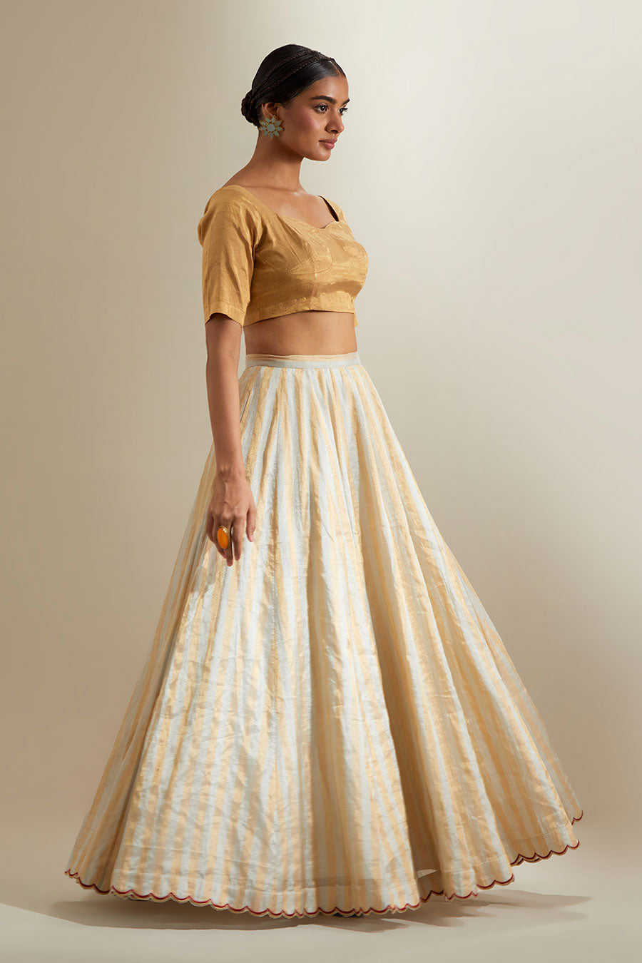 Silver & Gold Zari Stripe Lehenga Set With Red Dupatta