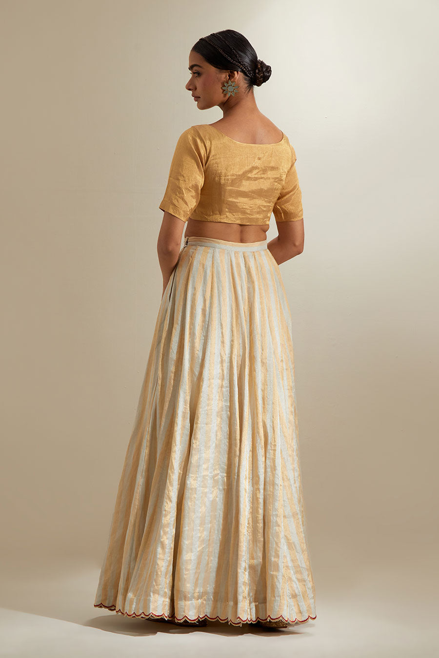 Silver & Gold Zari Stripe Lehenga Set With Red Dupatta