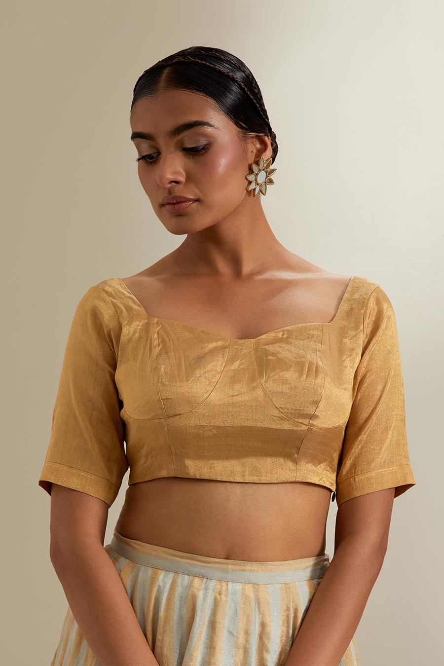 Silver & Gold Zari Stripe Lehenga Set With Red Dupatta