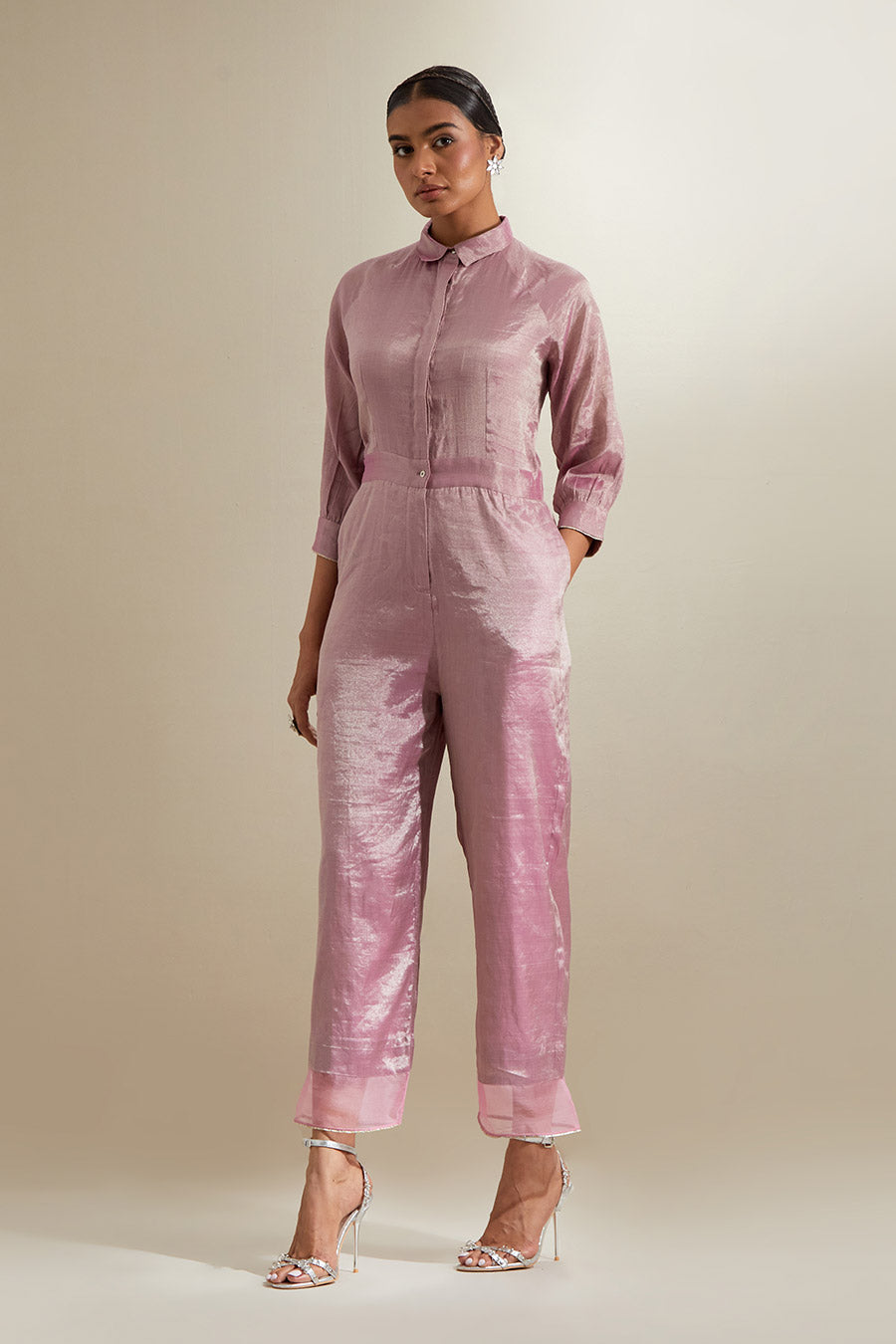Light Pink Handwoven Zari Jumpsuit