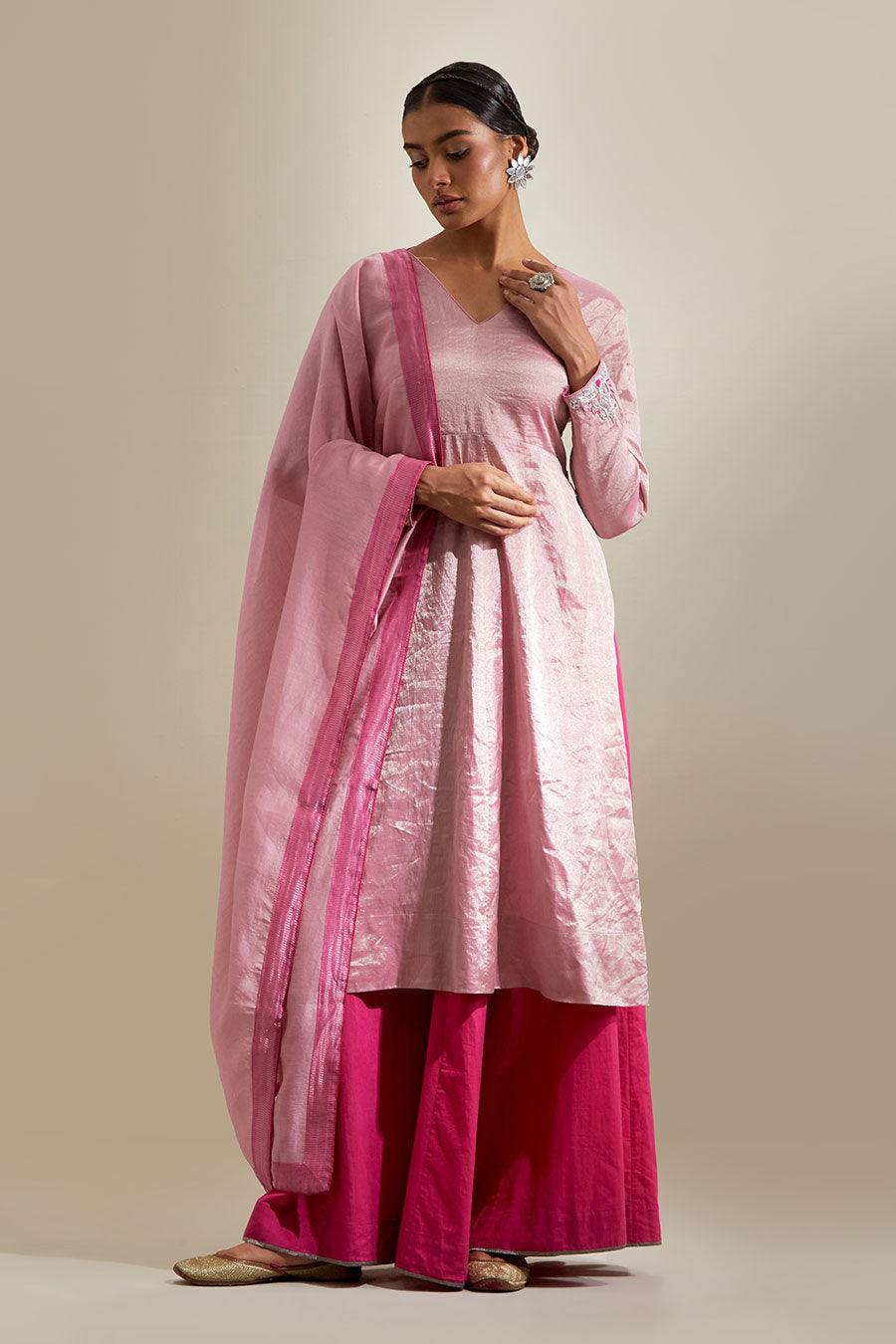 Pink Handwoven Zari Anarkali Set With Dupatta