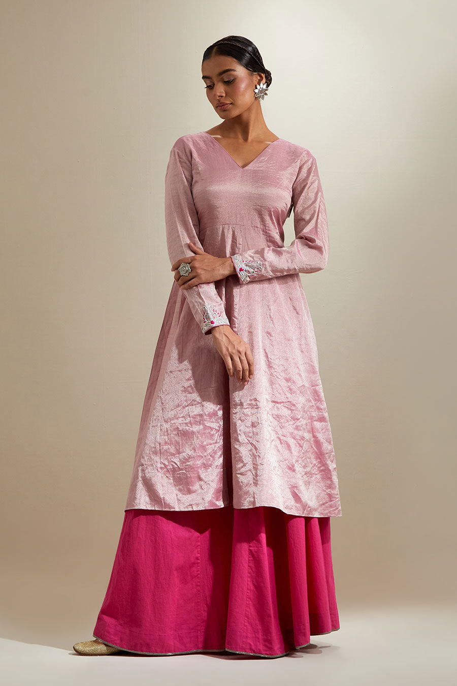 Pink Handwoven Zari Anarkali Set With Dupatta