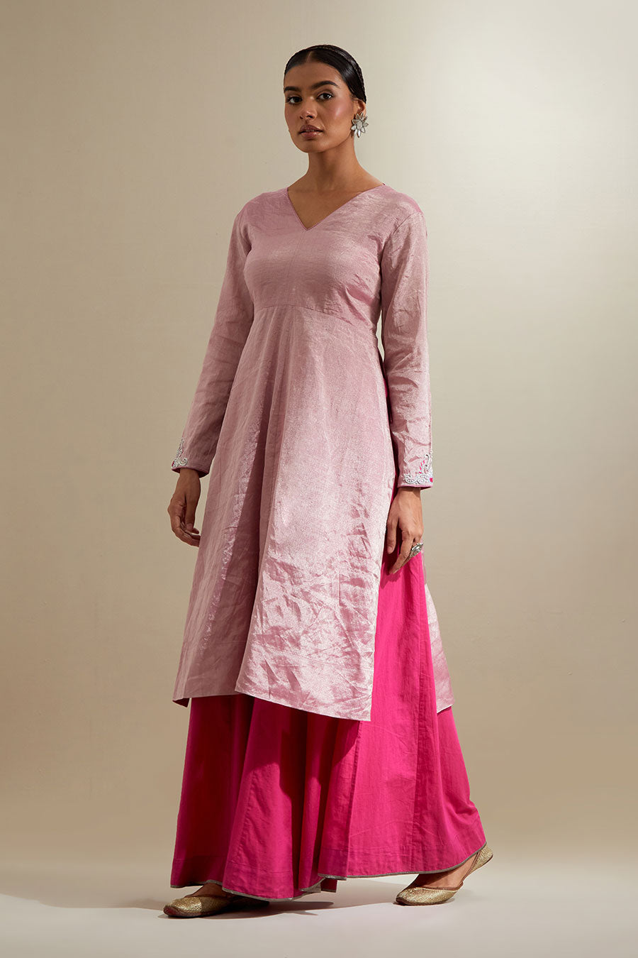 Pink Handwoven Zari Anarkali Set With Dupatta