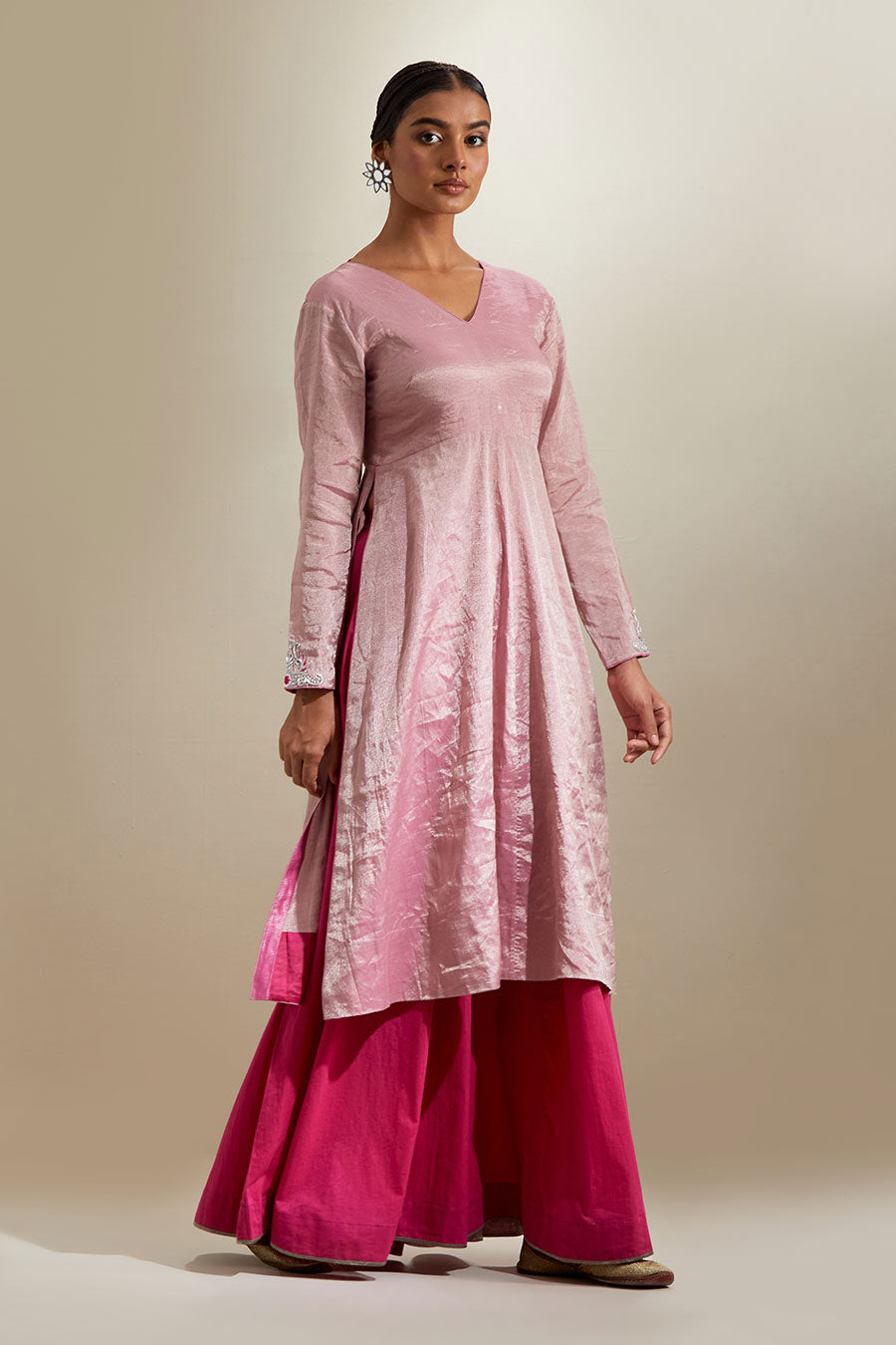 Pink Handwoven Zari Anarkali Set With Dupatta